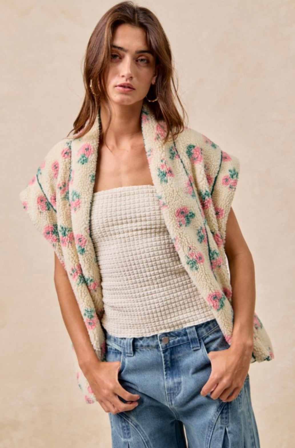 Floral Print Drop Shoulder Fleece Vest With Patch Pockets
