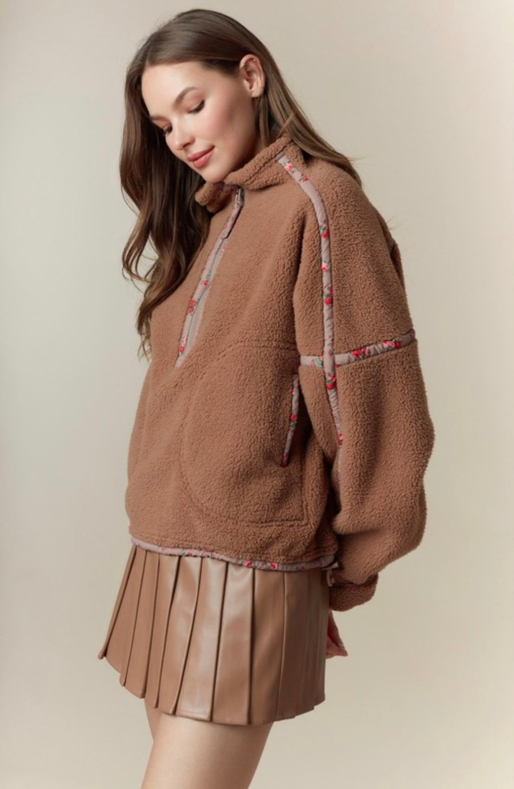 Ditsy Floral Printed Half Zip Sherpa