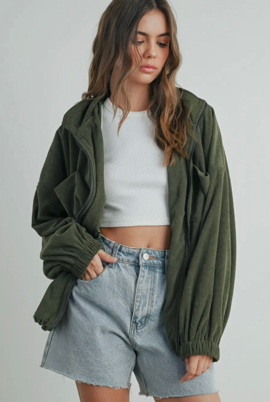 Oversized Lapel Corduroy Zipper Jacket