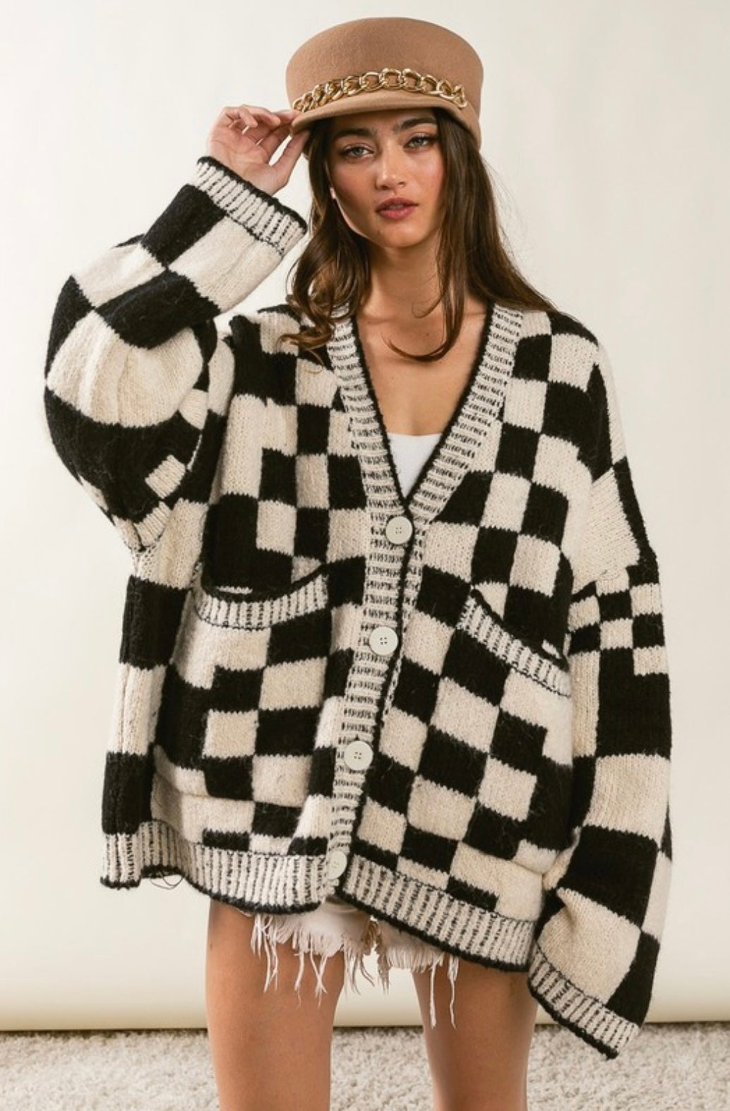 Patch Pockets Checkered Sweater Cardigan