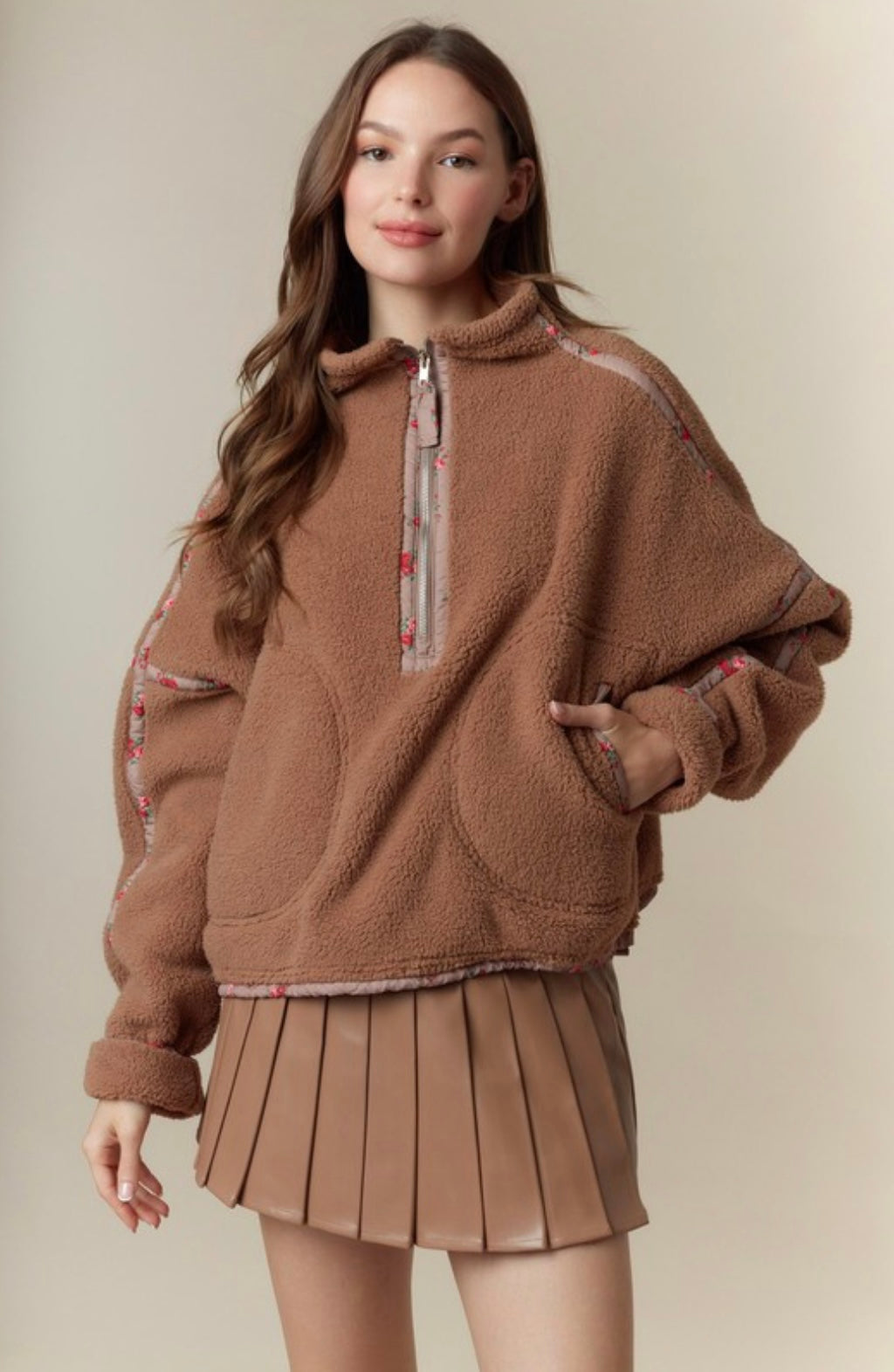 Ditsy Floral Printed Half Zip Sherpa