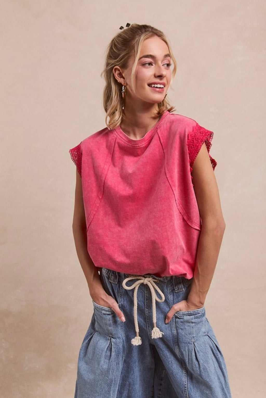 Vintage Washed Pink Knit Crochet Sleeve Detail Top