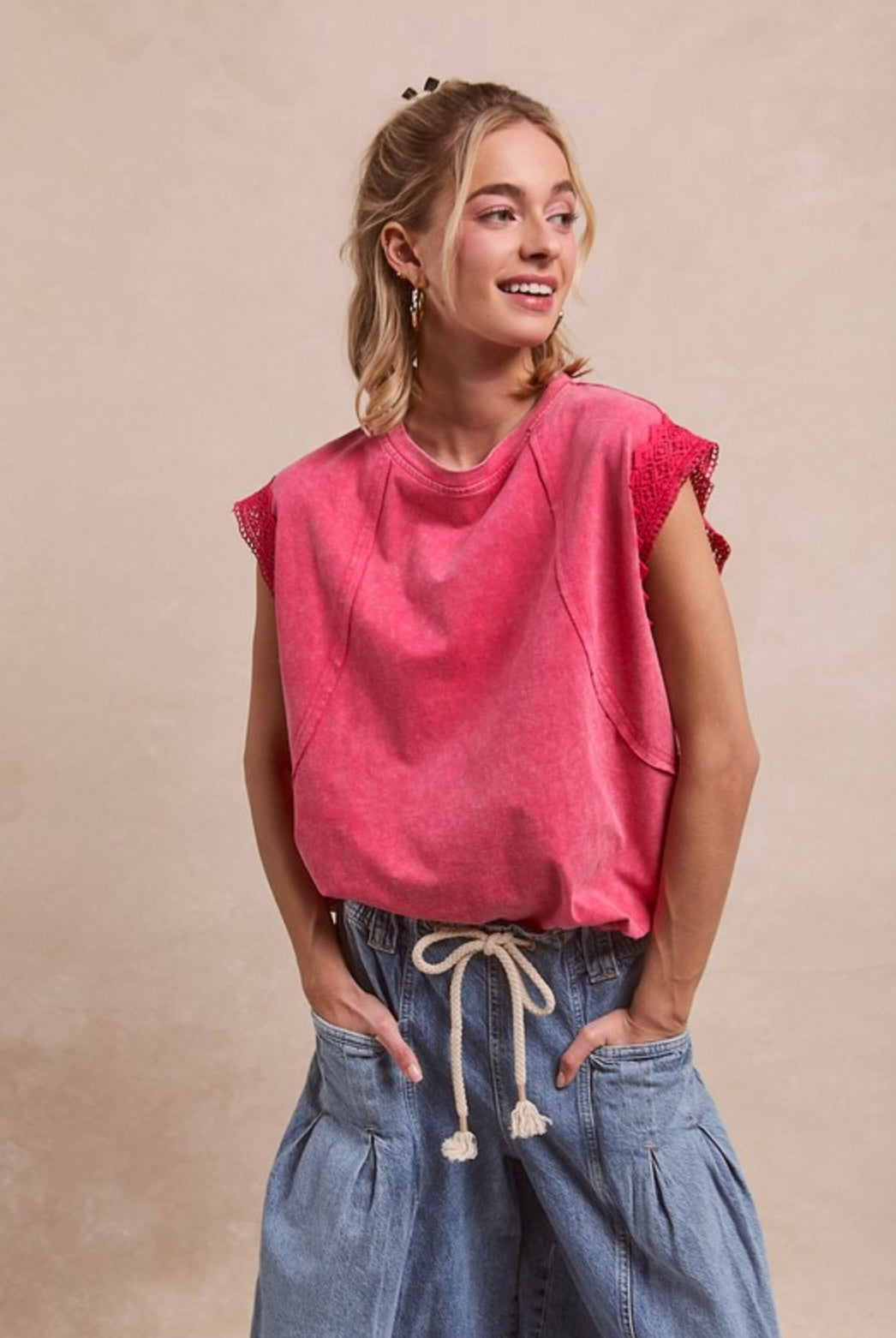 Vintage Washed Pink Knit Crochet Sleeve Detail Top