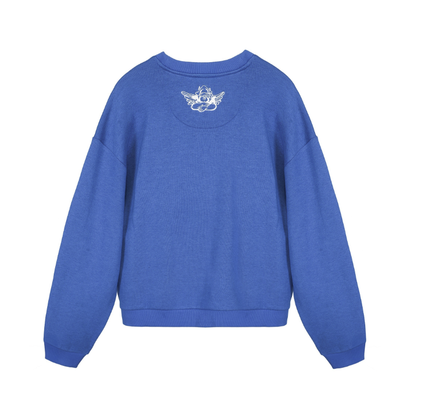 Blue sweatshirt with a small design on the back against a white background