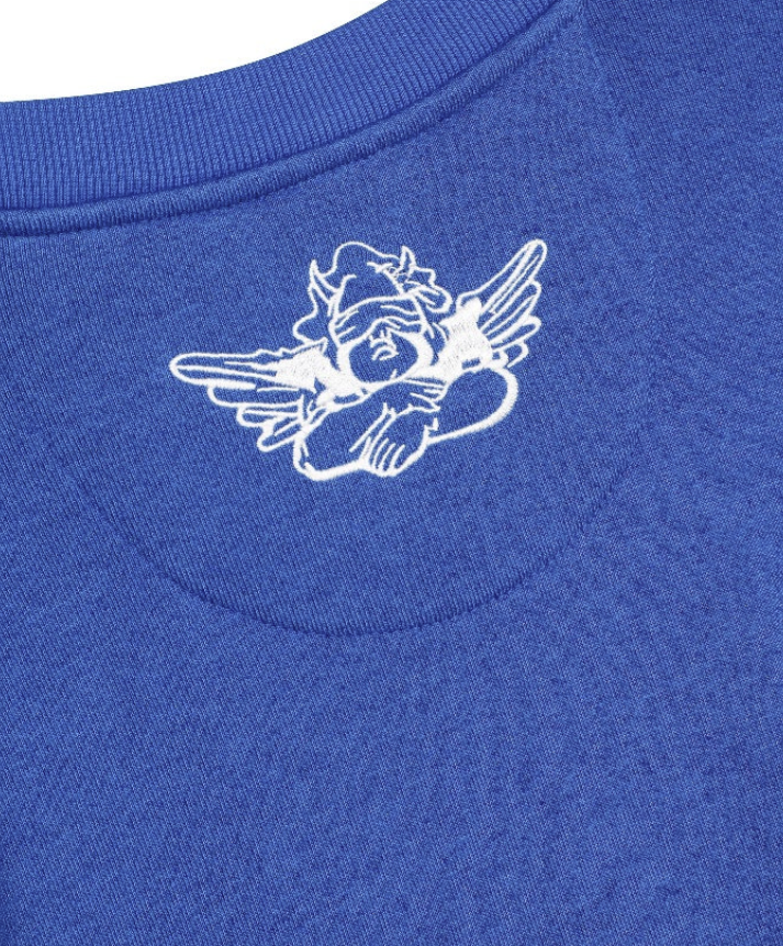 Close-up of a blue shirt with a white logo on a white background
