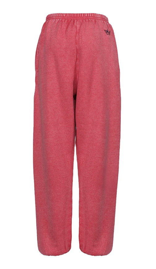 Red sweatpants with a brand logo on a white background
