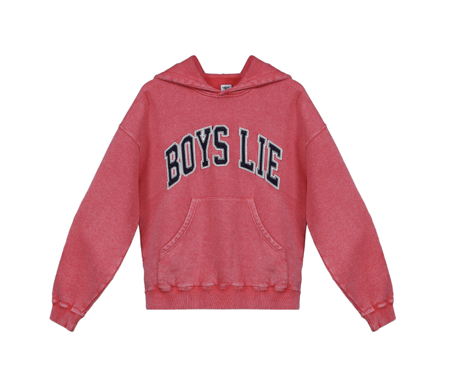 Red hoodie with &