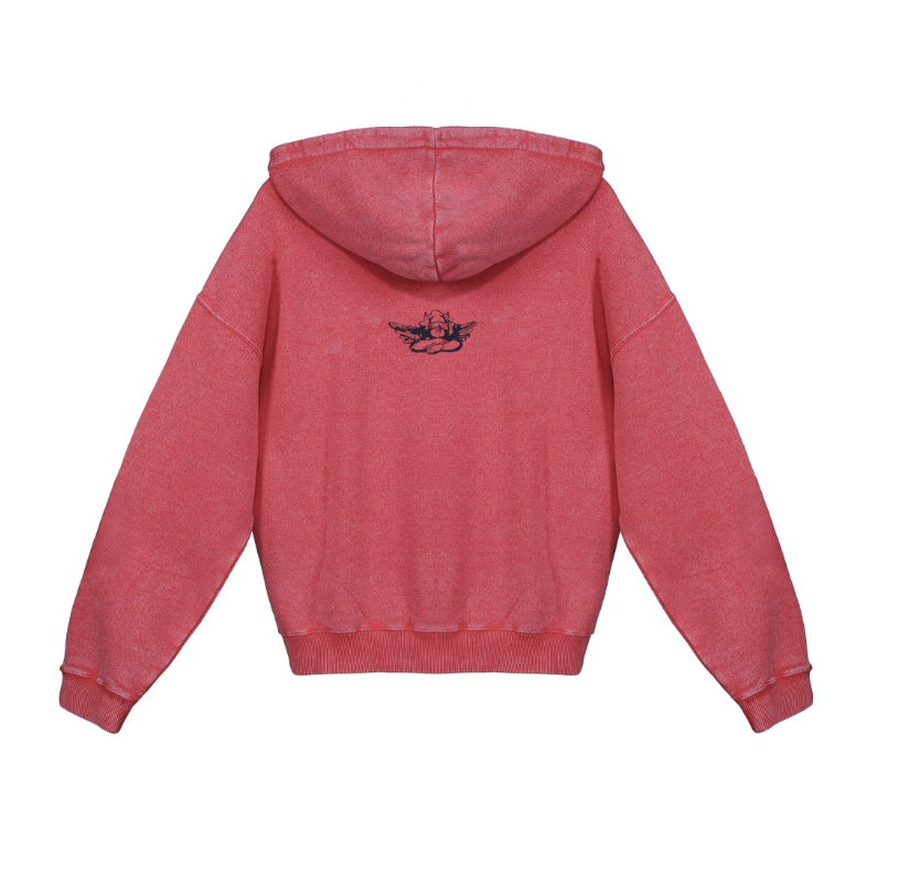 Red hoodie with a small logo on the back against a white background
