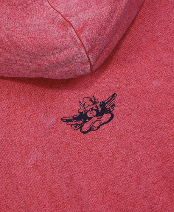 Red fabric with a black logo on a red background