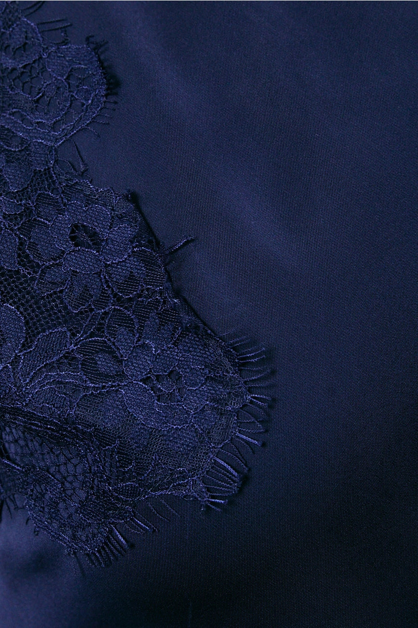 Navy blue fabric with lace detailing on a matching background