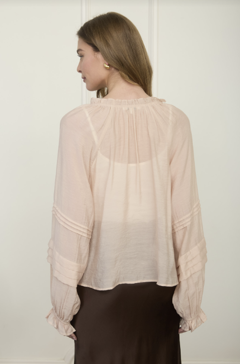 A woman shown from the back wearing a pale blush pink sheer long-sleeve blouse with a ruffled neckline and gathered cuffs, paired with a dark brown skirt, against a white paneled wall.