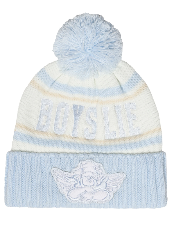 Light blue, beige and white stripe pom beanie with &