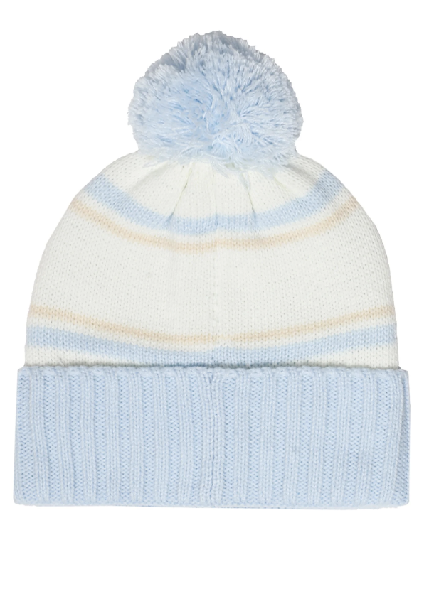 Light blue, beige and white stripe pom beanie on white backgorund