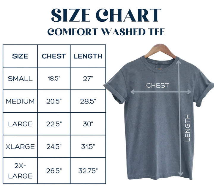 Size chart for a comfort washed tee with measurements on a pink background