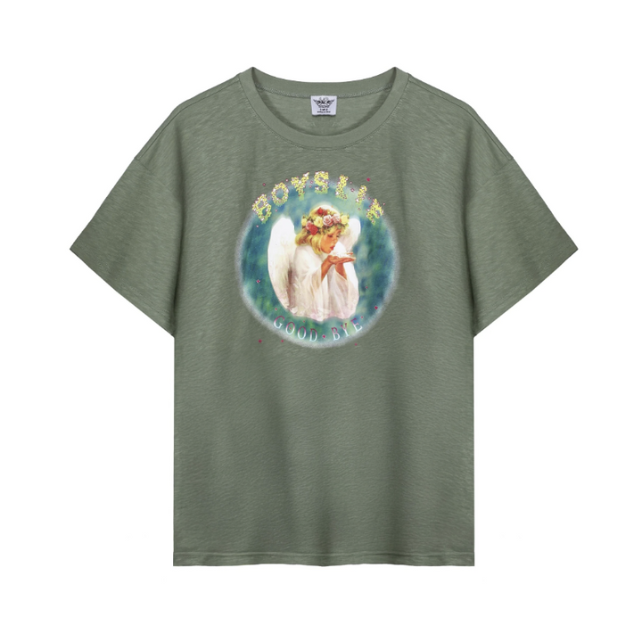 Green t-shirt with an angel graphic on a white background