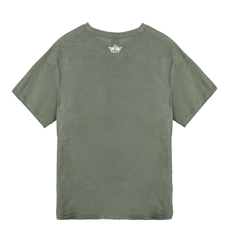 Green t-shirt with a small logo on the back against a white background