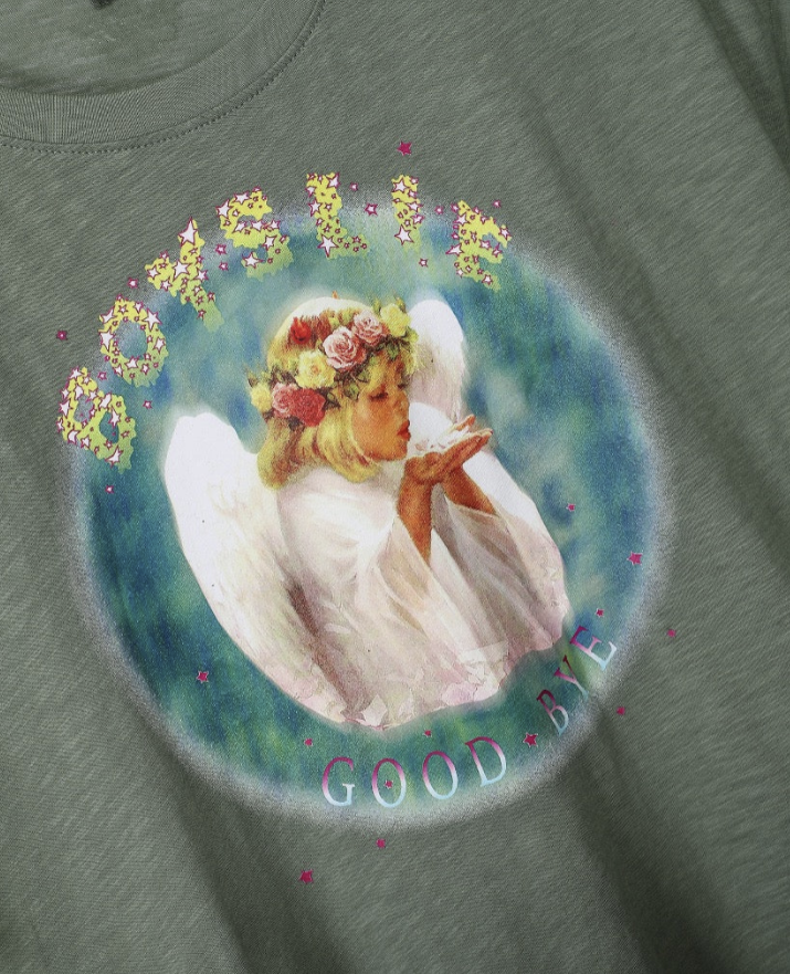 T-shirt with an angel design and text on a gray background