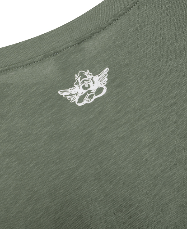 Green t-shirt with a white logo on a white background
