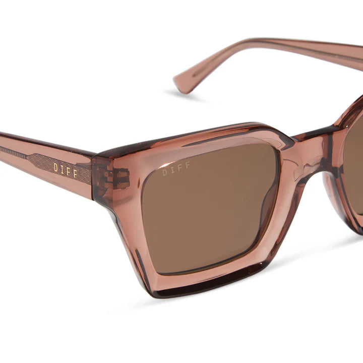 Sunglasses with brown gradient lenses and transparent frame on a white background
