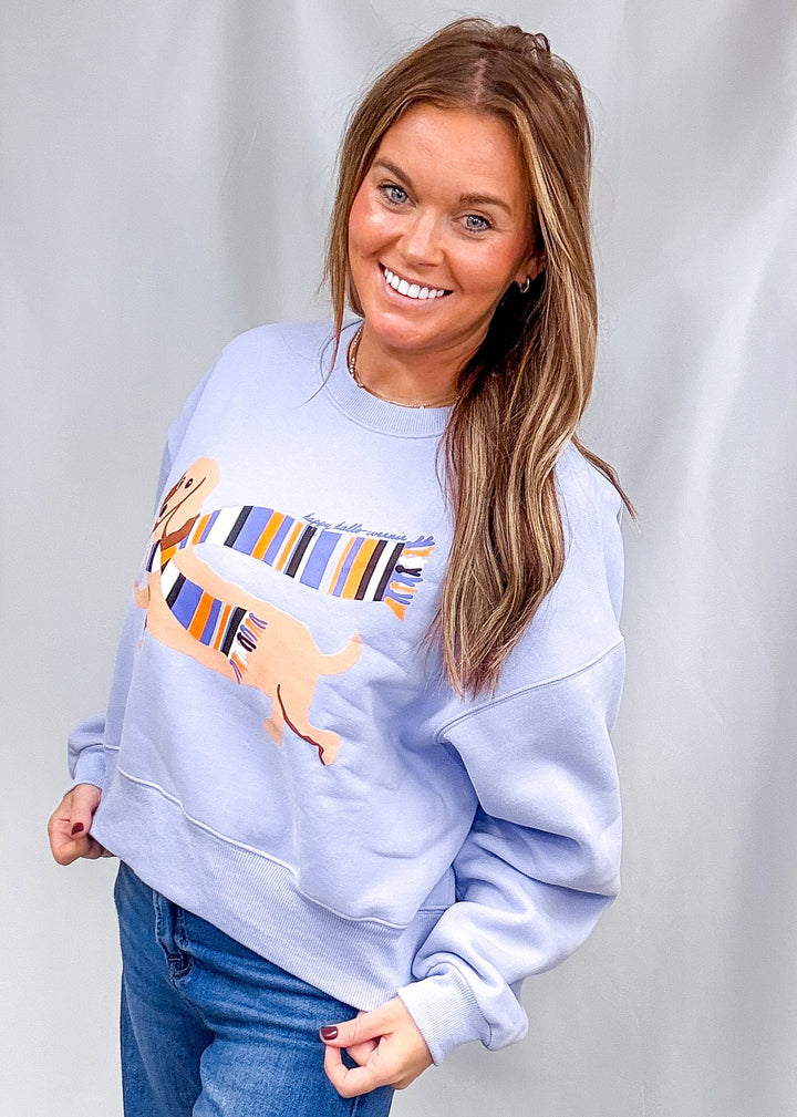 A woman modeling a light periwinkle blue crewneck sweatshirt with a colorful graphic of a dog on a striped blanket, paired with blue jeans, standing against a white draped backdrop.