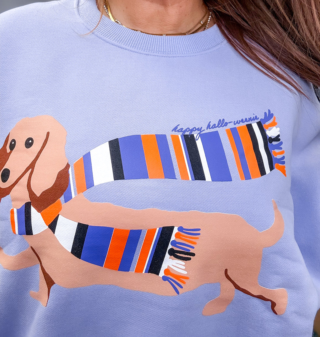 A close-up of a person wearing a light periwinkle blue sweatshirt with a graphic of a dachshund wearing a colorful striped scarf. The text &