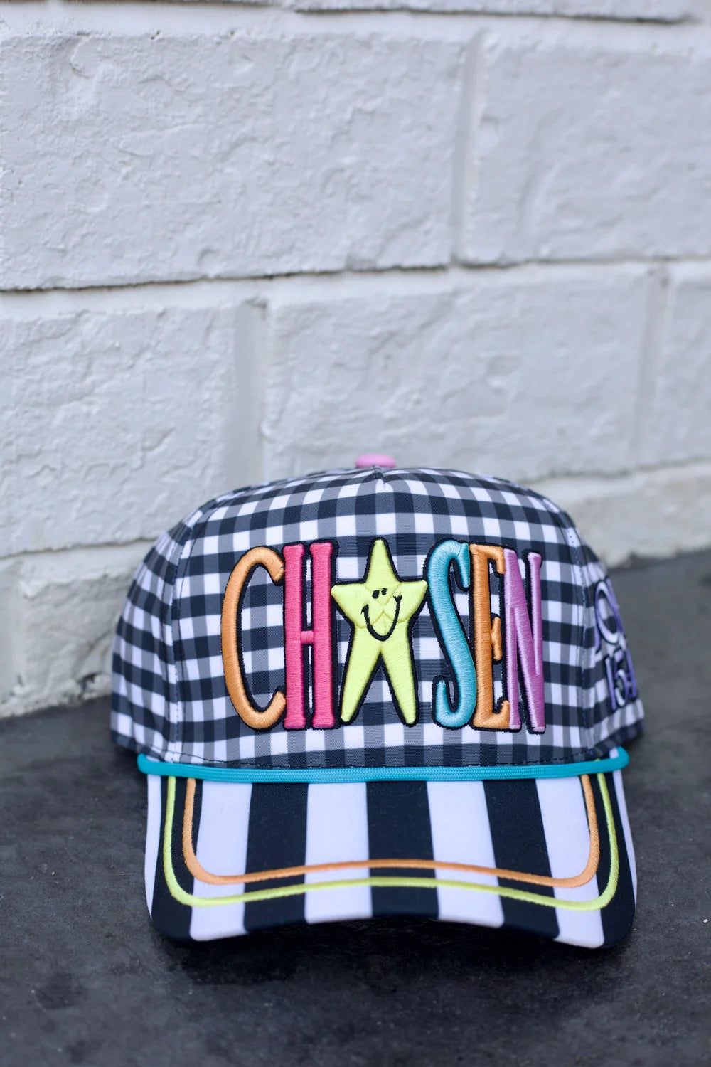 Black and white gingham trucker hat with multicolor &