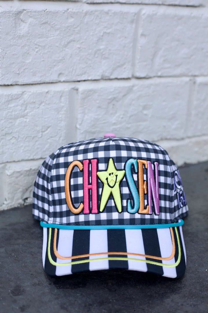 Black and white gingham trucker hat with multicolor &