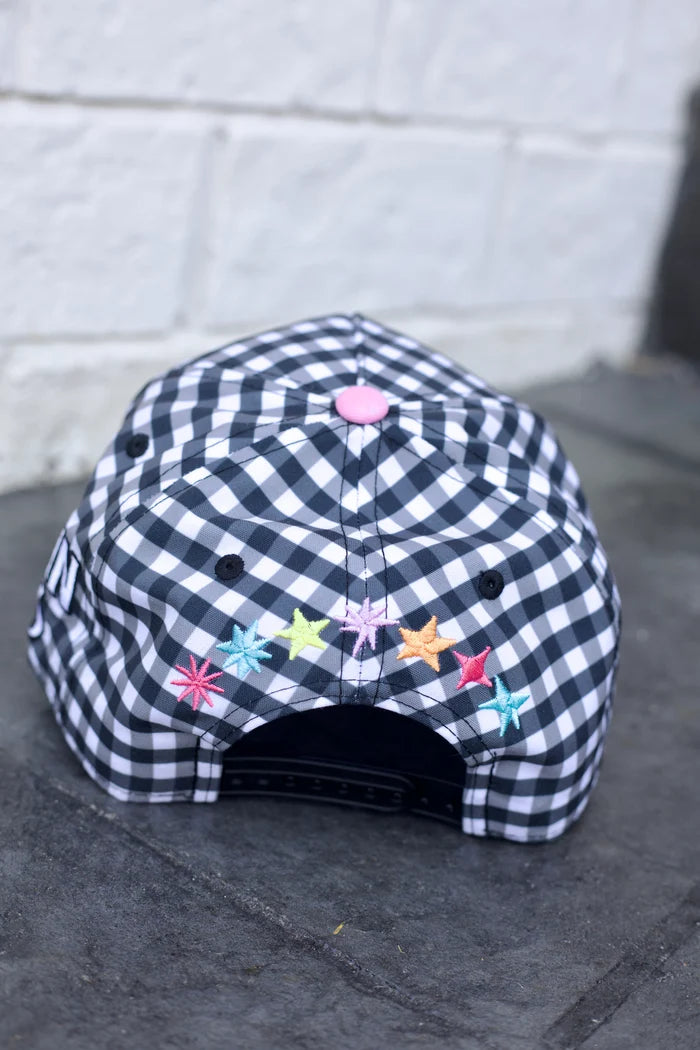 black and white gingham trucker hat with multicolor stars embroidered on back