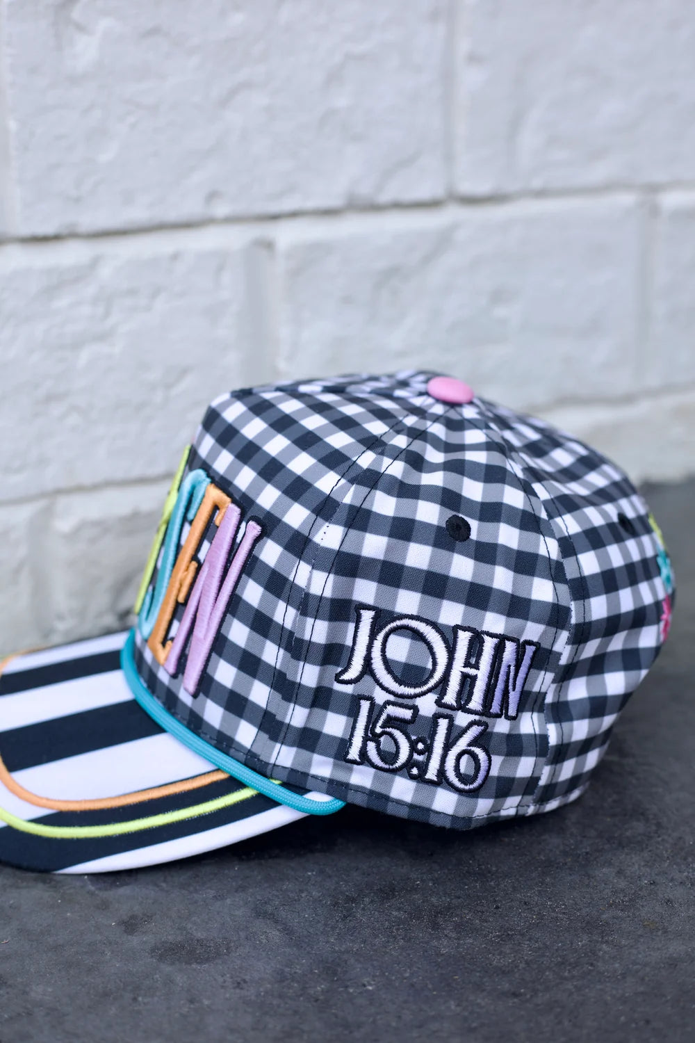 black and white gingham hat with &