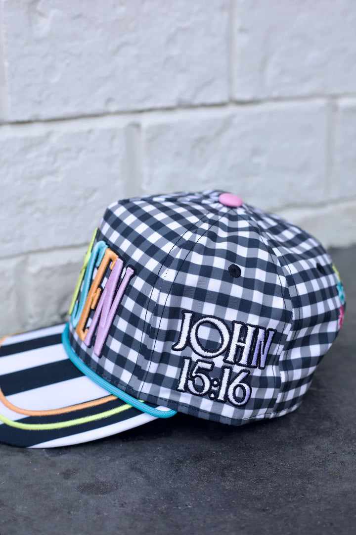 black and white gingham hat with &