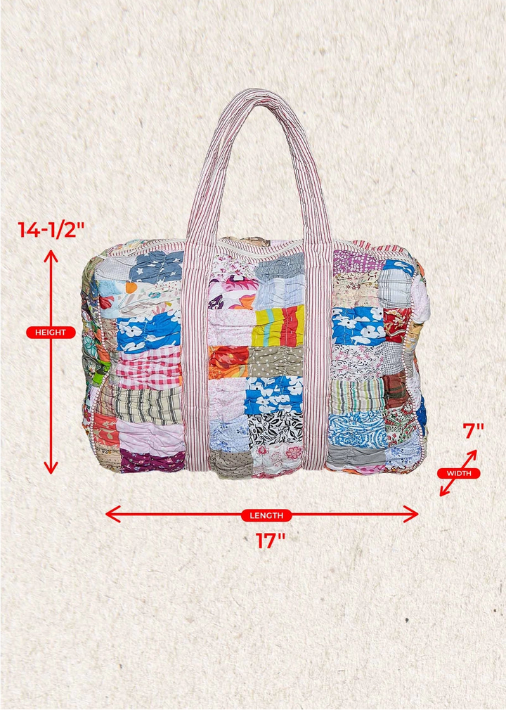 Quilted bag on plain background with dimensions