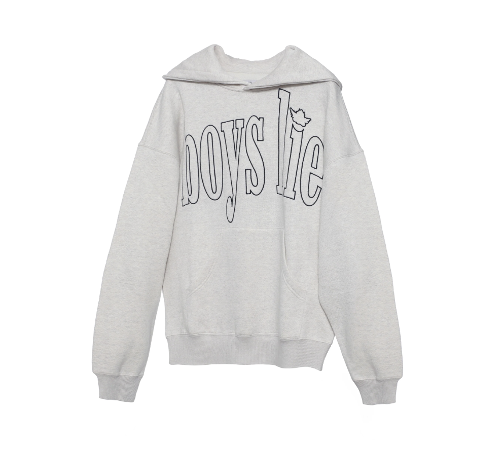 Gray hoodie with 'boys lie' text on a white background