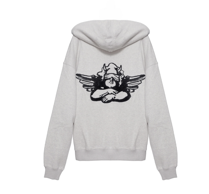 Gray hoodie with a black graphic design on the back against a white background