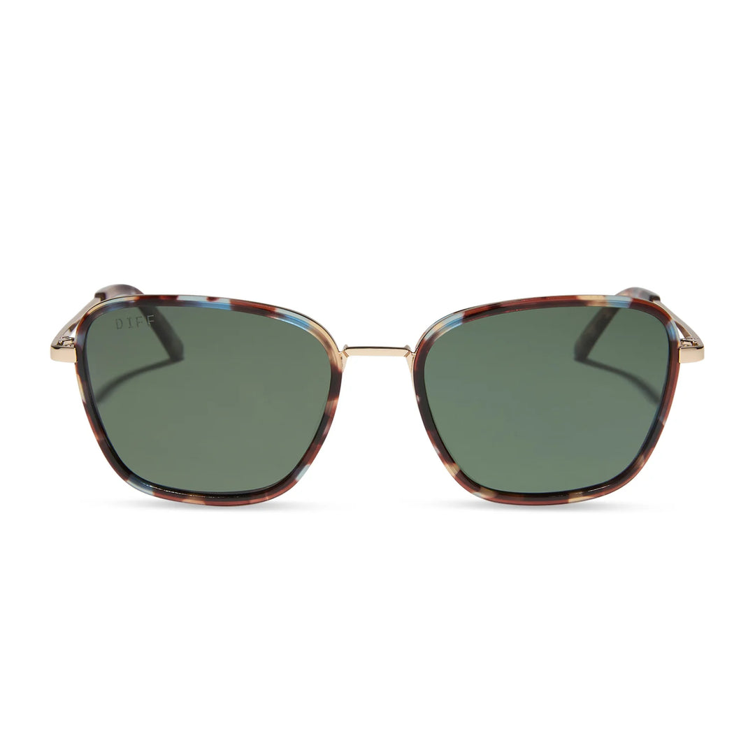 Sunglasses with tortoiseshell frame and green lenses on a white background