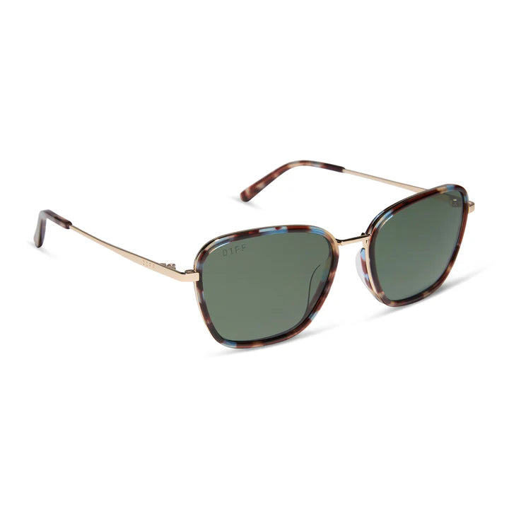 Sunglasses with tortoiseshell frame and green lenses on a white background