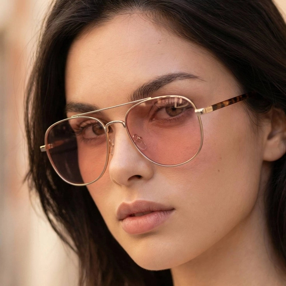 Close-up of a person wearing large sunglasses with a blurred background