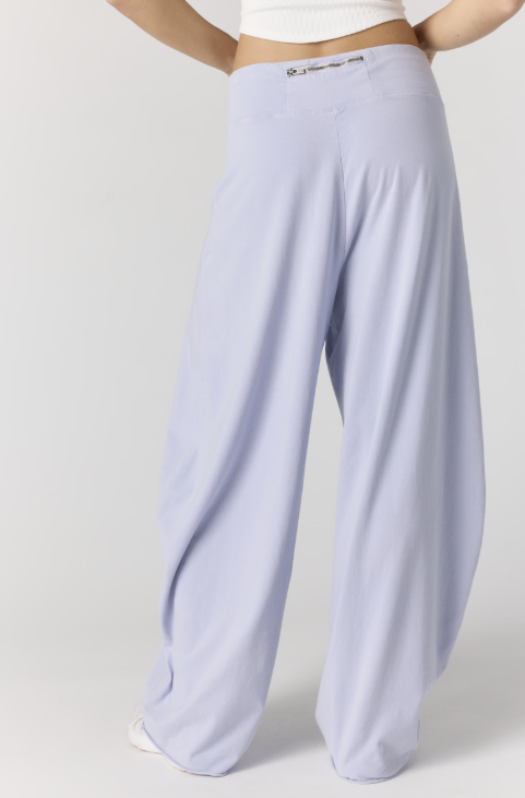 Woman wearing purple pants on plain background