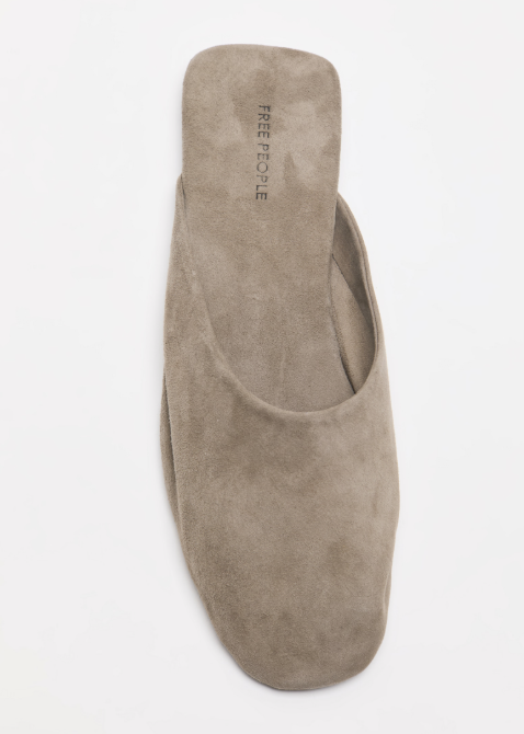 Single beige mule shoe shown from top view on white background