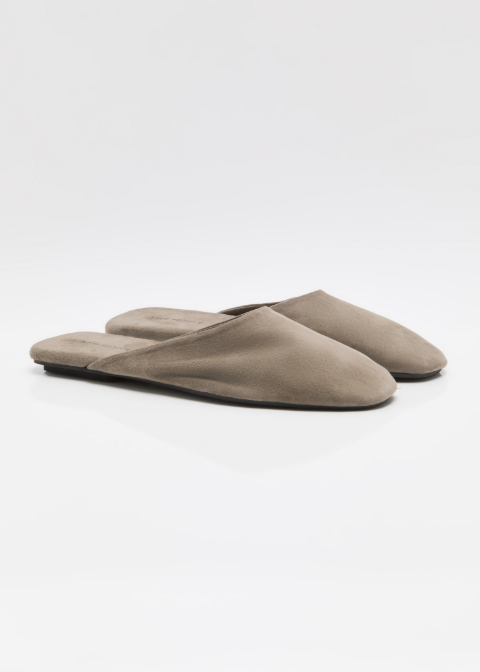 Set of beige mule shoes shown on white background