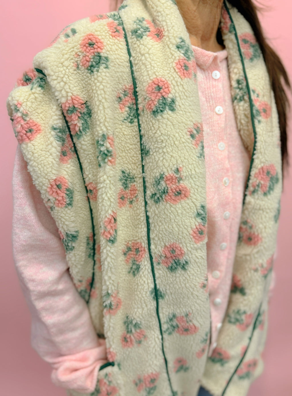 Floral Print Drop Shoulder Fleece Vest With Patch Pockets
