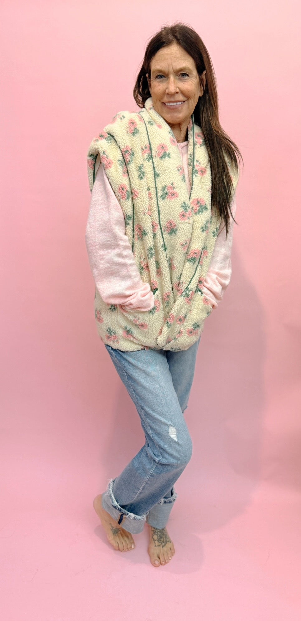 Floral Print Drop Shoulder Fleece Vest With Patch Pockets