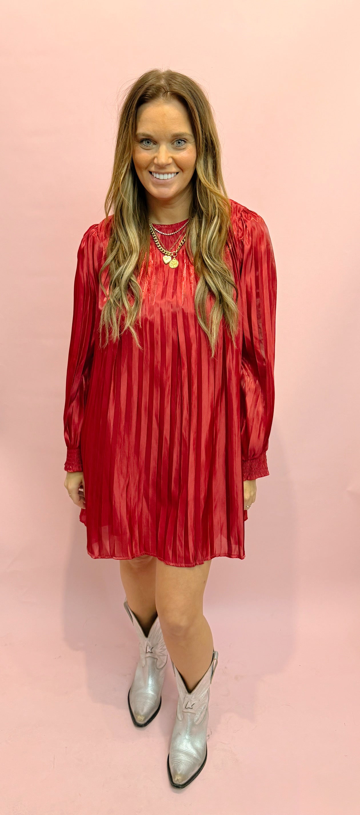 Metallic Pleated Relaxed A Line Mini Dress