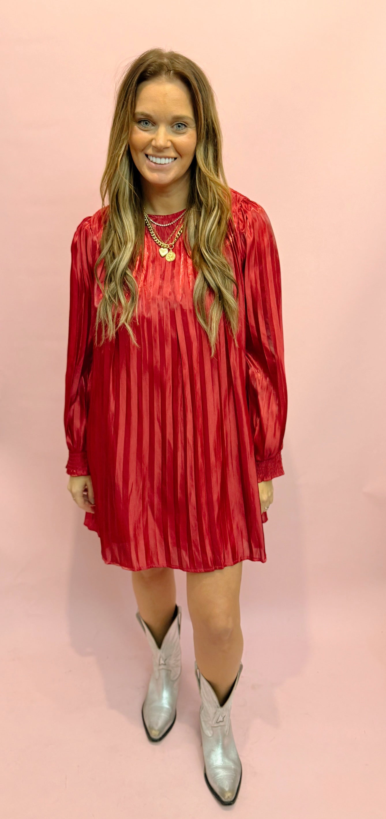 Metallic Pleated Relaxed A Line Mini Dress