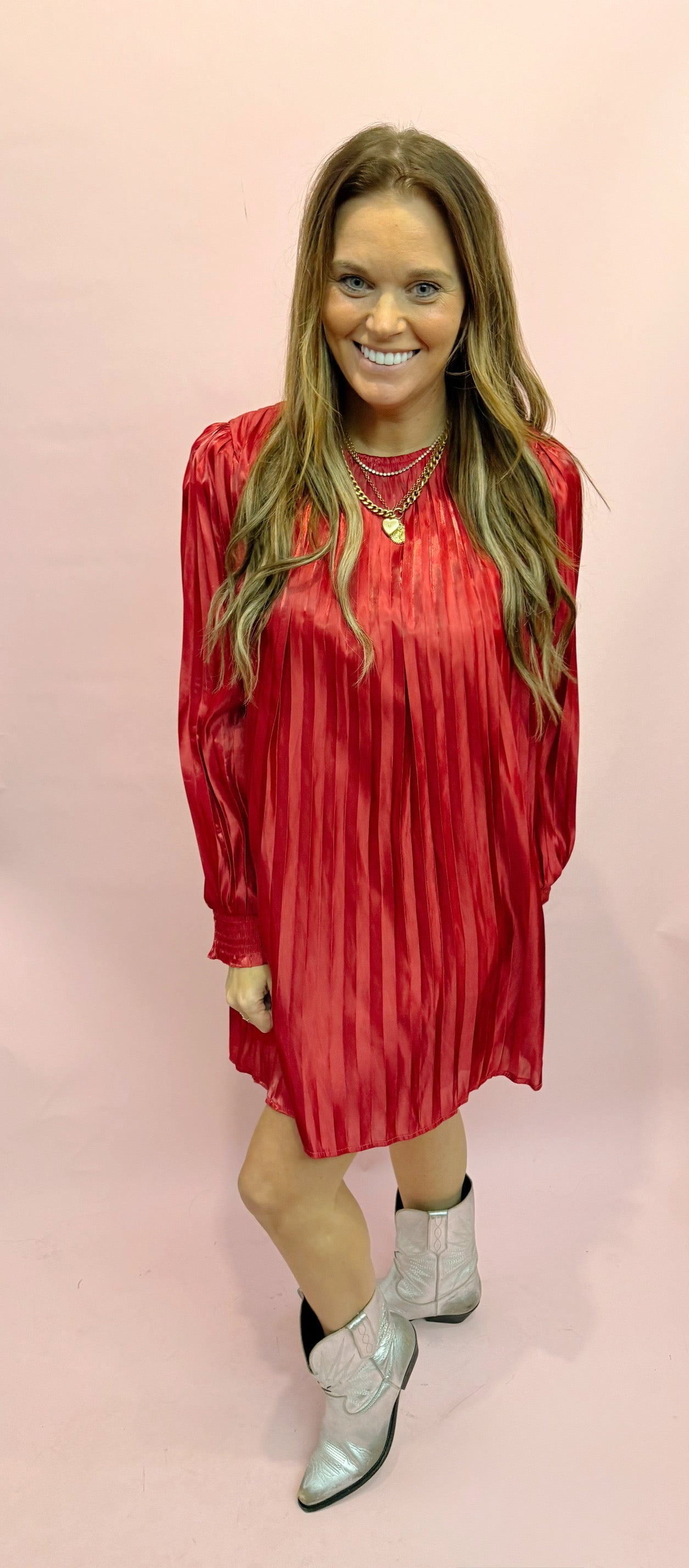 Metallic Pleated Relaxed A Line Mini Dress