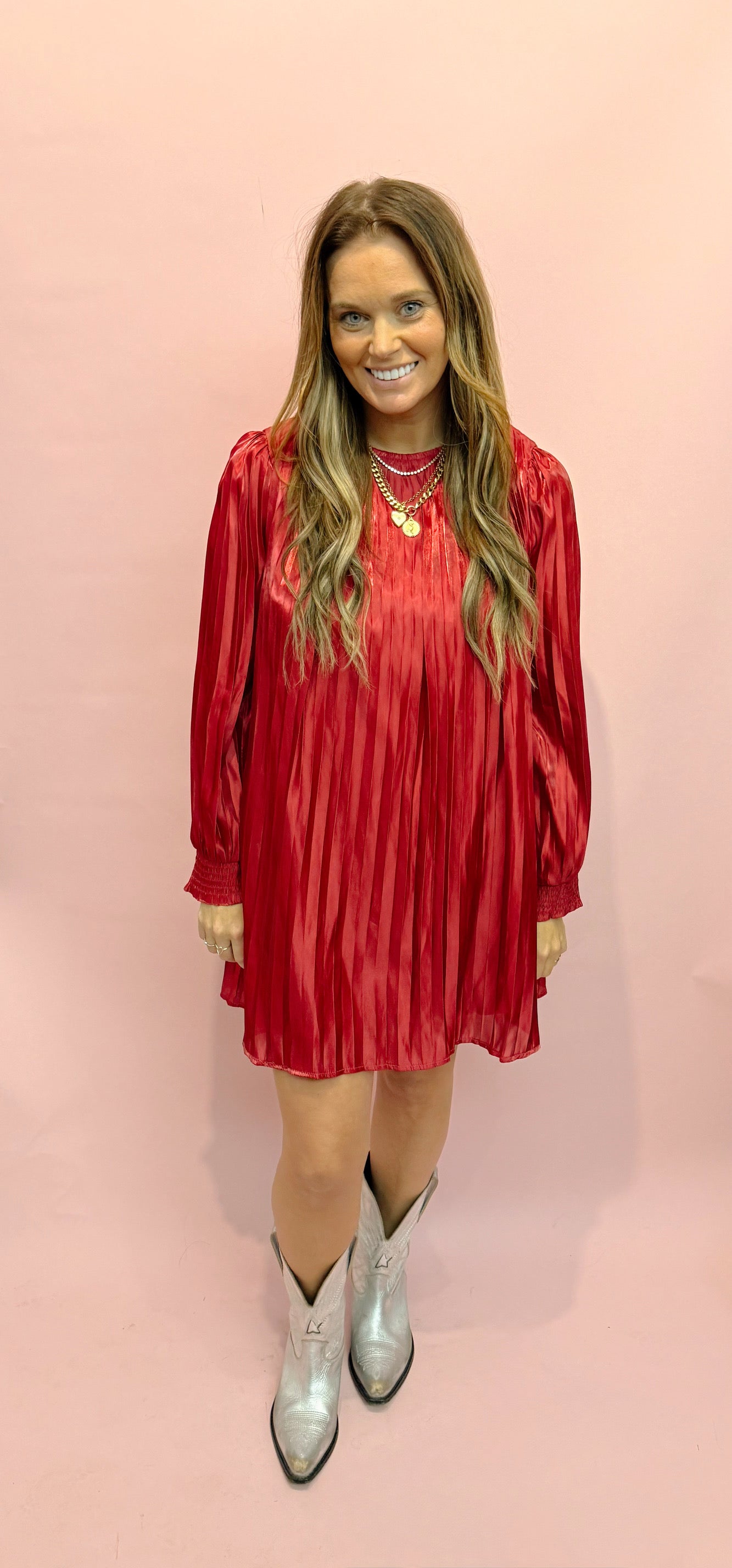 Metallic Pleated Relaxed A Line Mini Dress