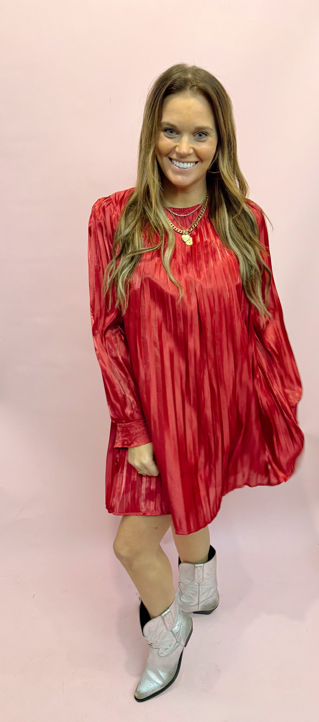 Metallic Pleated Relaxed A Line Mini Dress