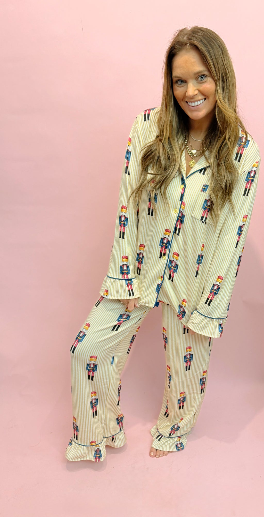 Stripe Nutcracker Print Brushed Knit Pajama Set