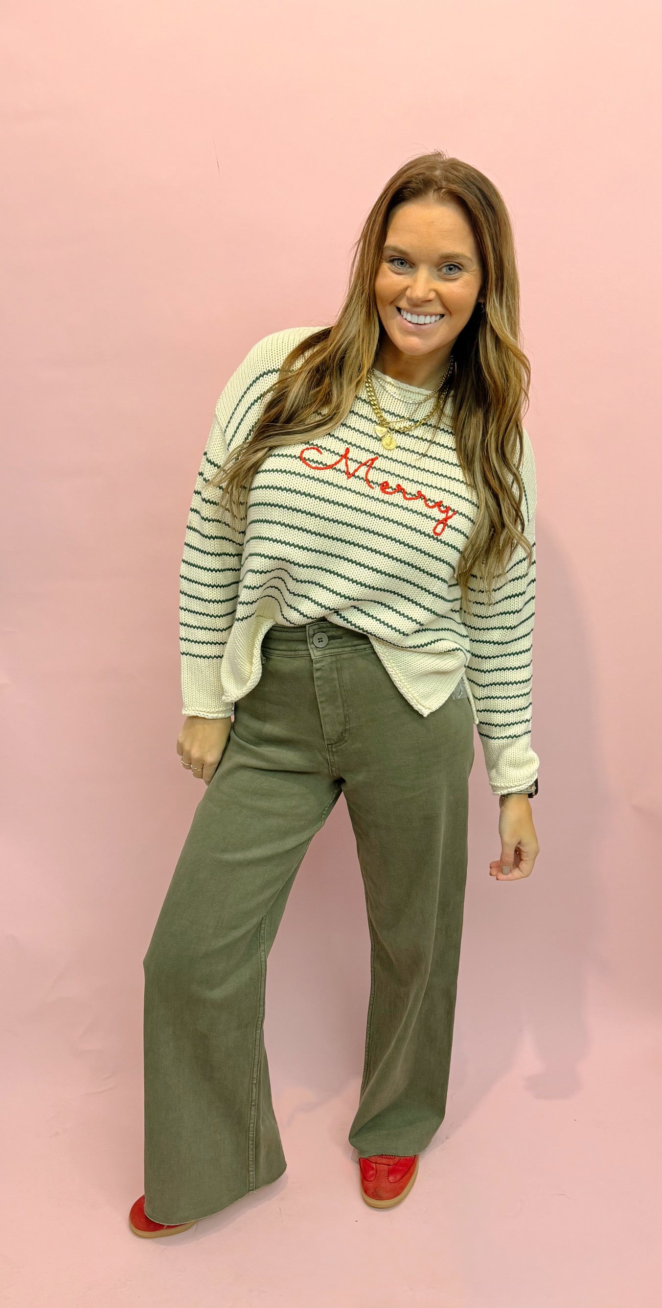Striped Merry Rollneck Sweater - Green/Ivory