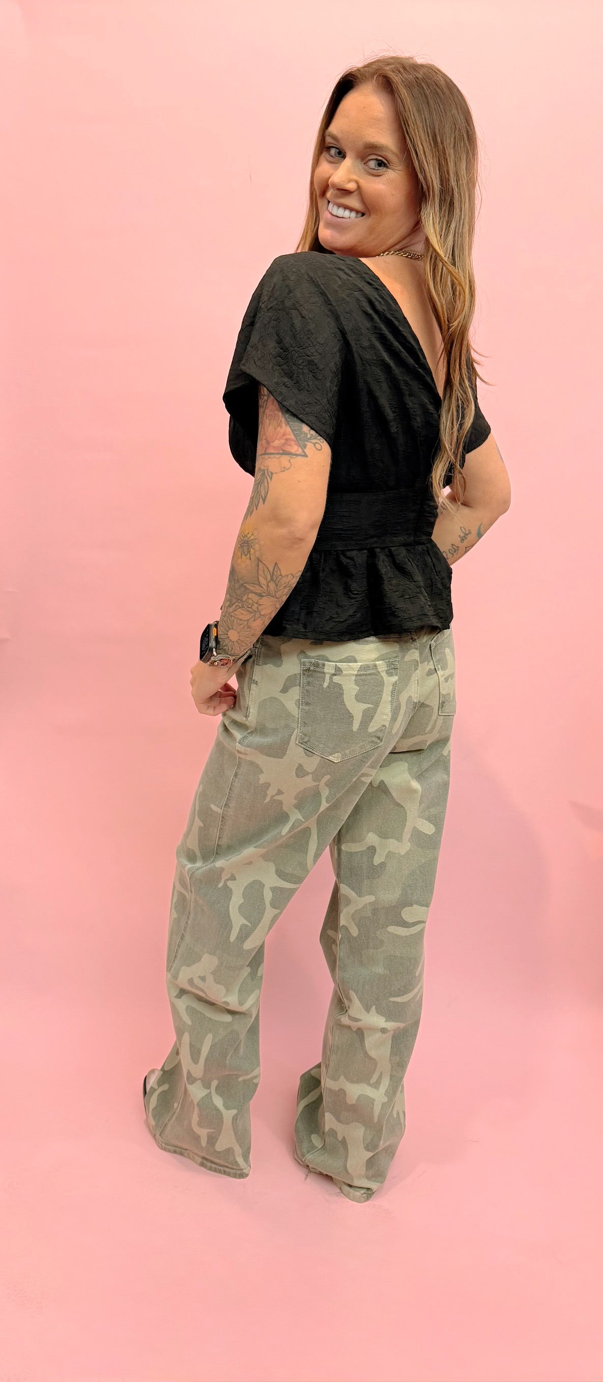 Textured Deep V Neck Ruched Waistband Top