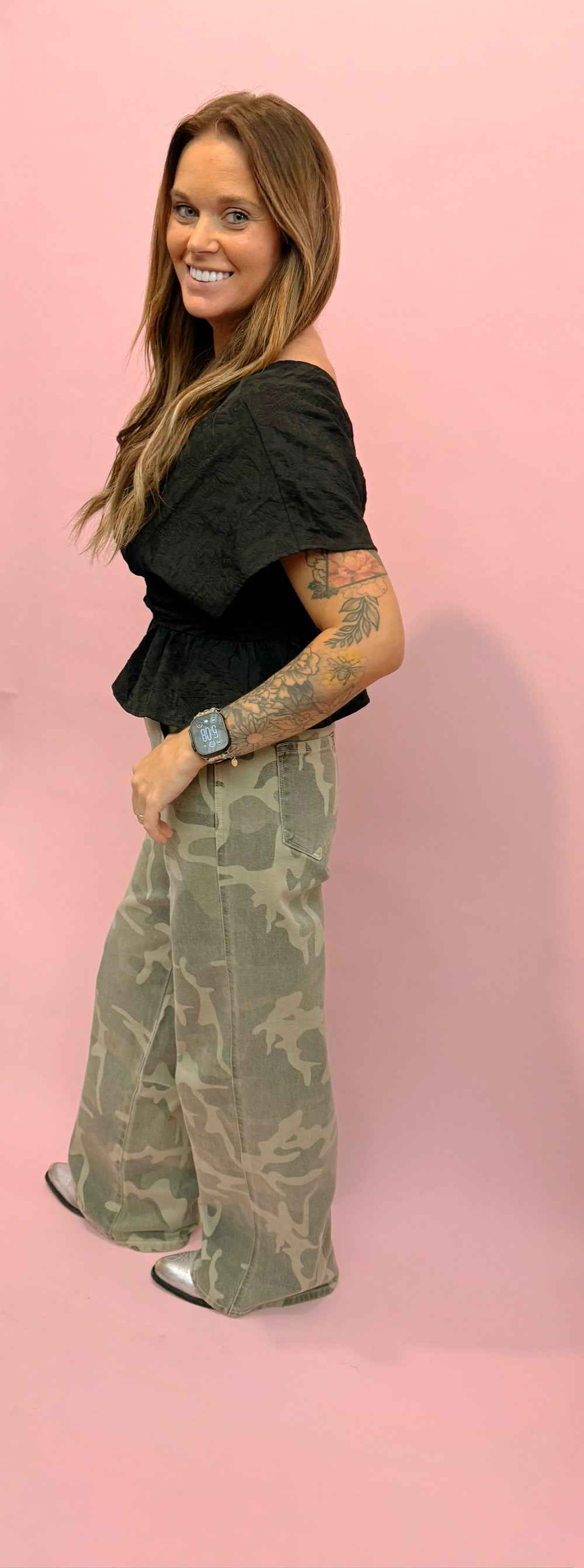 Textured Deep V Neck Ruched Waistband Top